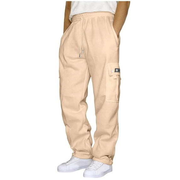 Dagegui Men's Cargo Sweatpants Fleece Elastic Waist Joggers Casual Loose Straight Leg Open Bottom Athletic Pants with Pockets Beige XXXL