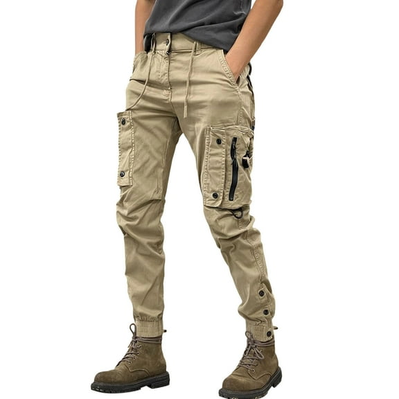 Dagegui Men's Casual Cargo Pants Drawstring Waist Joggers Pant Streetwear Tapered Pants with Multi Pockets Khaki 3XL