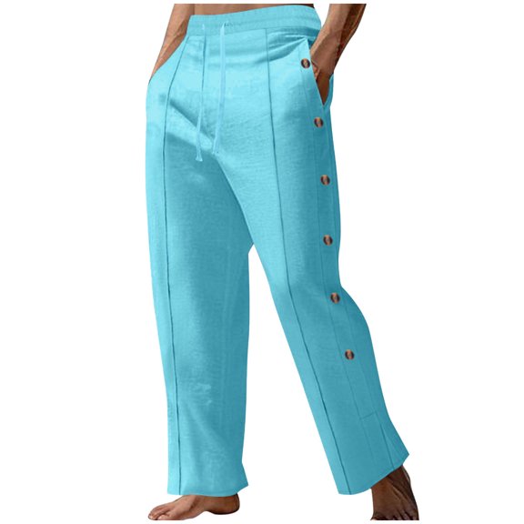 Dagegui Men's Casual Cotton Linen Pants Drawstring Side Button Elastic Waist Trousers Breathable Summer Everyday Slacks with Pocket Sky Blue M