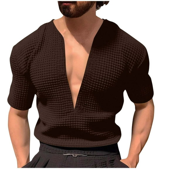 Dagegui Men's Coffee V Neck T Shirts Streetwear Comfy Knit Short Sleeve Shirt Summer Casual Vacation Beach Tee Tops M