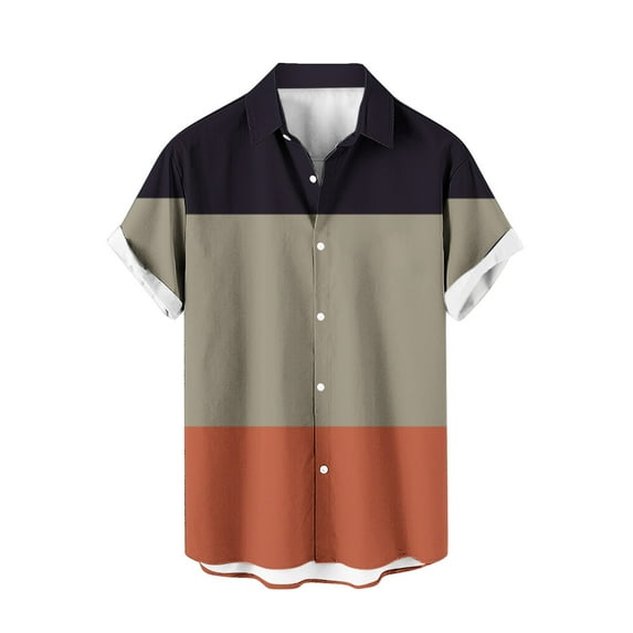 Dagegui Men's Color Block Striped Shirts Big and Tall Button Down Turndown Collar T-Shirts Loose Casual Rolled Up Short Sleeve Tops