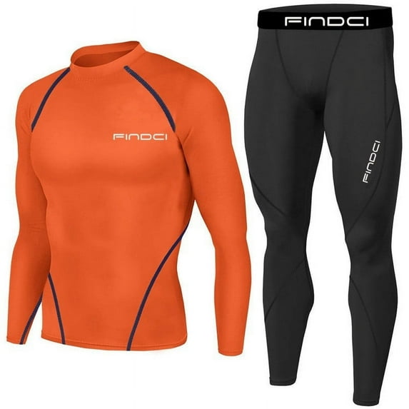 Dagegui Men's Compression Sets Gym Workout Outfits Quick Dry Athletic Shirt and Leggings Running Tights for Sport Orange S