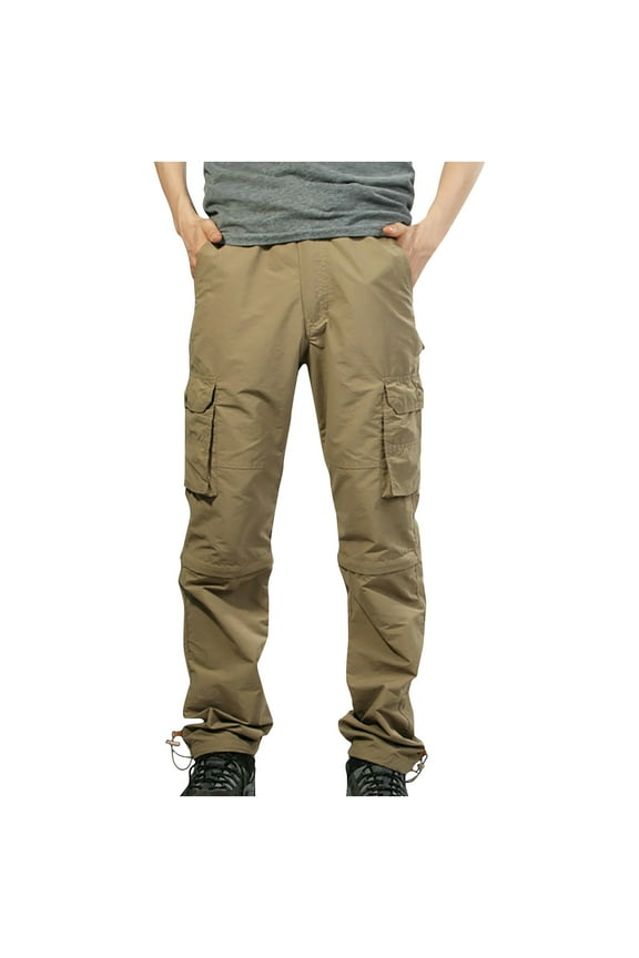 Men's Convertible Hiking Pant Lightweight Zip Fishing Pant Solid Color Elastic Waist Cargo Pants Outdoor Running Athletic Trousers with Pockets Khaki,M