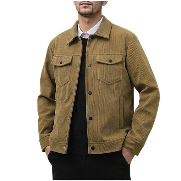 Dagegui Men's Corduroy Jackets Stylish Snap Long Sleeve Turndown Collar Jacket Vintage Fall Winter Coats with Pockets Khaki M