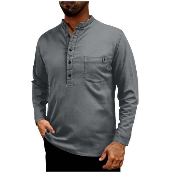 Dagegui Men's Cotton Linen Henley Shirt Long Sleeve Mock Neck Work Shirts Lightweight Solid Color Office Tops with Chest Pocket Gray M