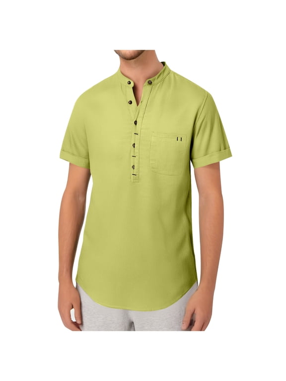 Men's Cotton Linen Henley Shirt Short Sleeve Casual Beach T-Shirts with Pocket Summer Solid Color Daily Tops Green XL