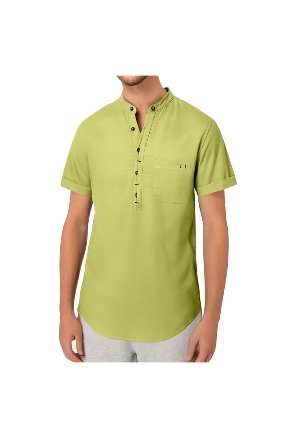 Men's Cotton Linen Henley Shirt Short Sleeve Casual Beach T-Shirts with Pocket Summer Solid Color Daily Tops Green XL