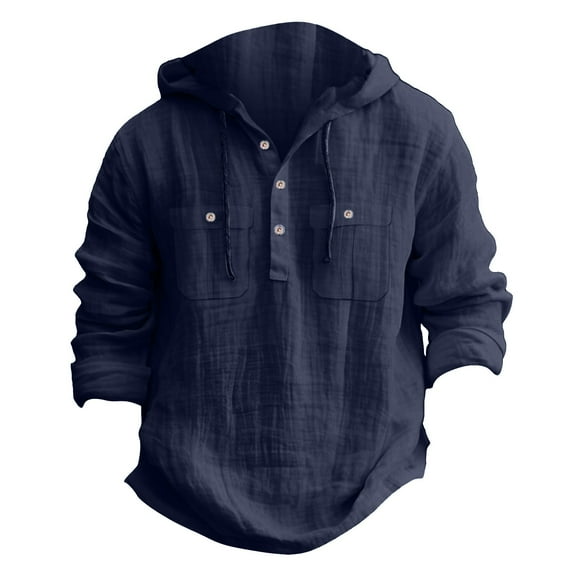 Dagegui Men's Cotton Linen Hoodies Lightweight Drawstring Hooded Long Sleeve Buttons Shirts Casual Hawaiian Beach Tops with Pocket Navy M
