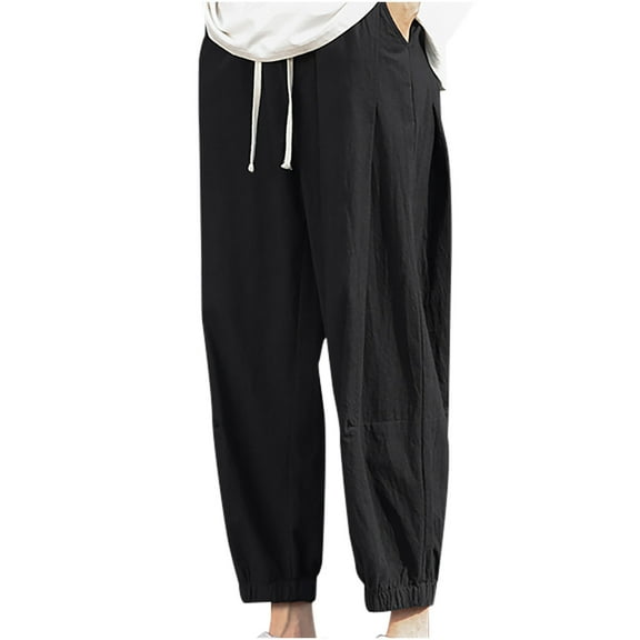 Dagegui Men's Cotton Linen Jogger Pant Summer Elastic Waist Drawstring Sweatpants Casual Loose Fit Daily Pants with Pockets Black L