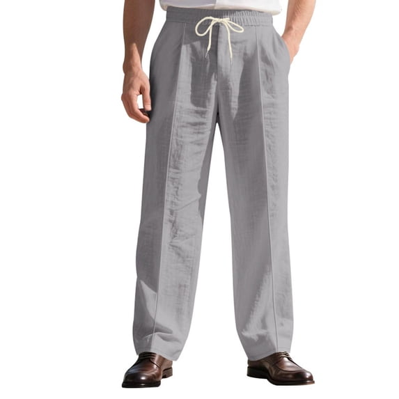 Dagegui Men's Cotton Linen Pants Elastic Waist Drawstring Casual Pant Lightweight Straight Leg Beach Vacation Travel Trousers Gray L