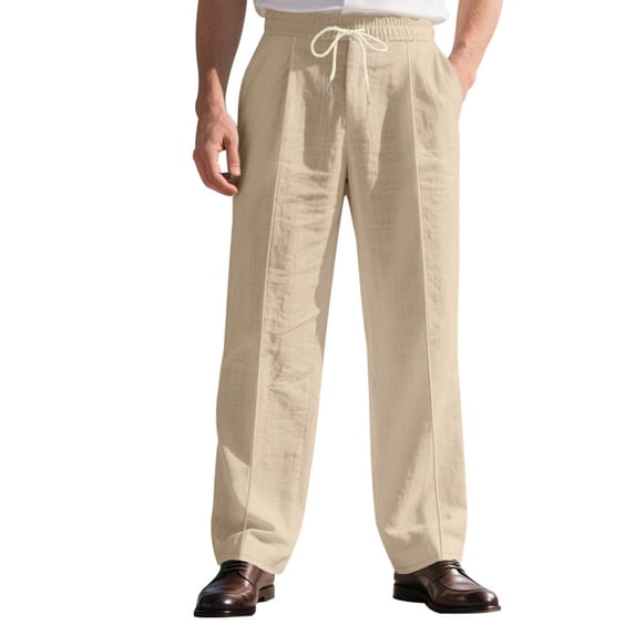 Dagegui Men's Cotton Linen Pants Elastic Waist Drawstring Casual Pant Lightweight Straight Leg Beach Vacation Travel Trousers Khaki XXL