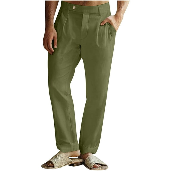 Dagegui Men's Cotton Linen Pants Solid Color Half Elastic Waist Casual Pant Lightweight Breathable Summer Work Trousers Army Green M