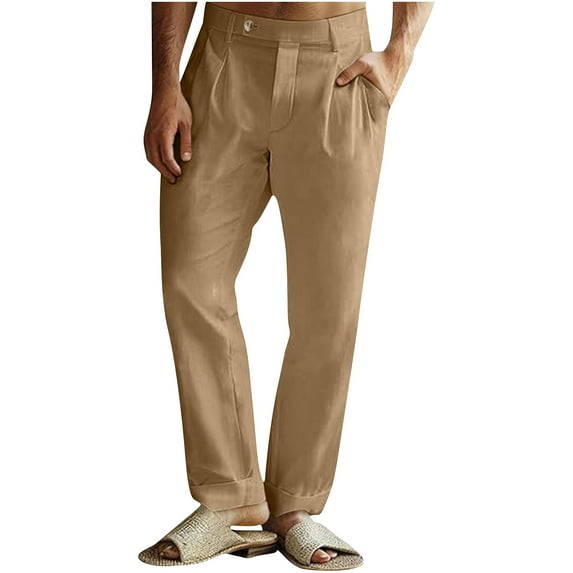 Dagegui Men's Cotton Linen Pants Solid Color Half Elastic Waist Casual Pant Lightweight Breathable Summer Work Trousers Khaki 3XL
