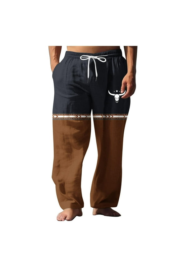 Men's Cotton Linen Pants Western Vintage Straight Leg Pant Drawstring Elastic Waist Casual Trousers Big and Tall Beach Slacks Brown M