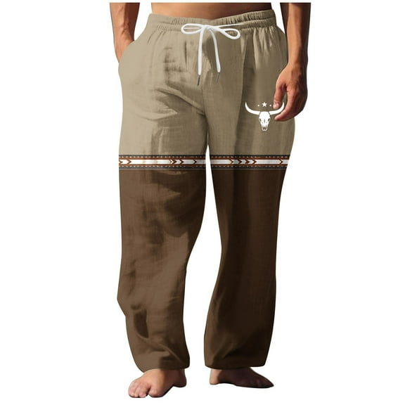 Dagegui Men's Cotton Linen Pants Western Vintage Straight Leg Pant Drawstring Elastic Waist Casual Trousers Big and Tall Beach Slacks Time Limited Offer Coffee M