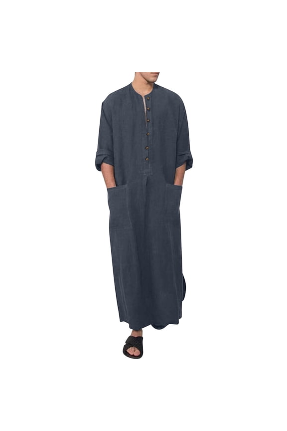 Men's Cotton Linen Robe Casual Long Sleeve Crew Neck Button Up Shirts Solid Color Side Split Kaftan Thobe Gown with Pockets Gray L