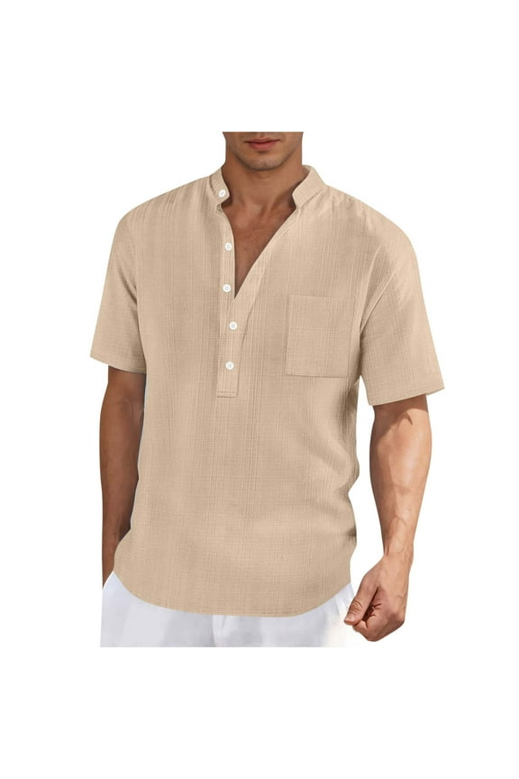 Men's Cotton Linen Shirt Short Sleeve Henley Shirts Solid Color Beach T-Shirt Summer Breathable Everyday Tee Tops Khaki S