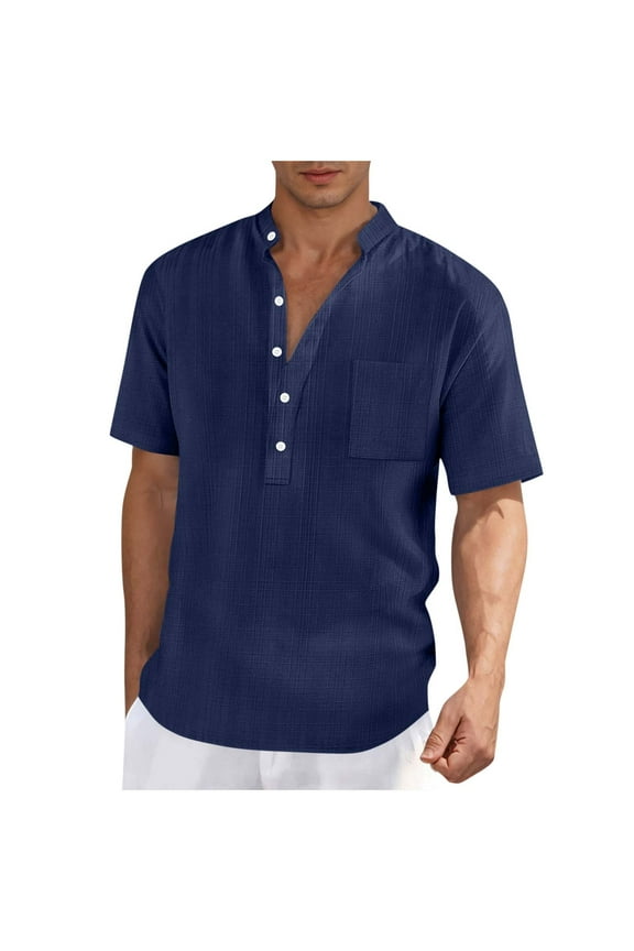 Men's Cotton Linen Shirt Short Sleeve Henley Shirts Solid Color Beach T-Shirt Summer Breathable Everyday Tee Tops Navy XL
