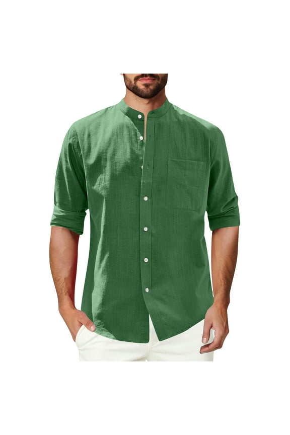 Men's Cotton Linen Short Sleeve T Shirts Casual Button Down Band Collar Shirt Breathable Summer Beach Tops with Chest Pocket Green M