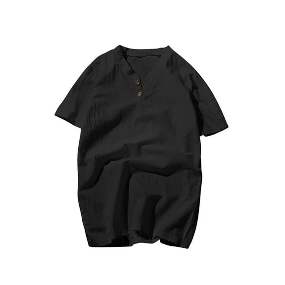 Dagegui Men's Cotton Linen T Shirts Black Casual Short Sleeve V-Neck Shirt Breathable Summer Tee for Beach Vacation 5X