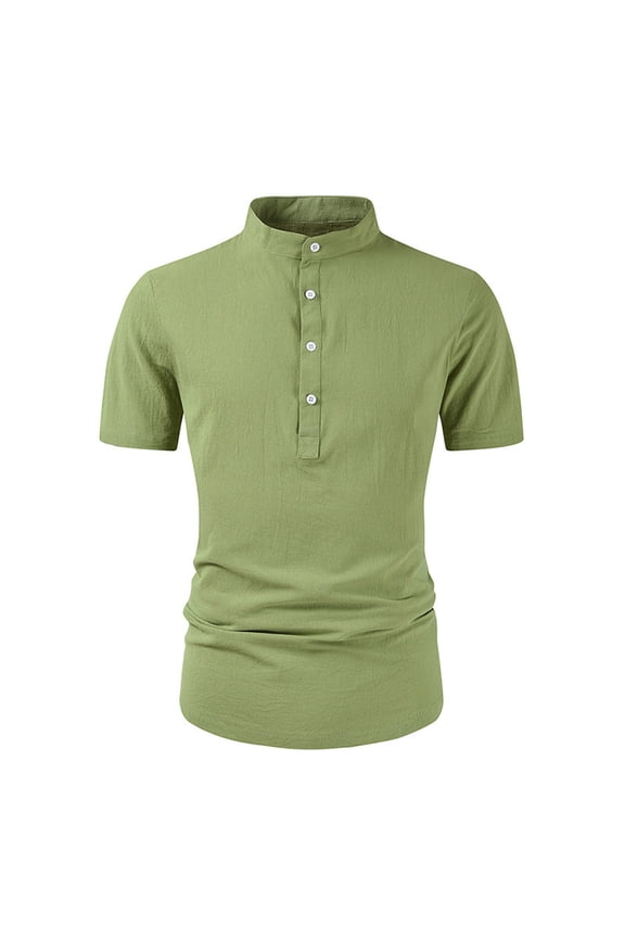 Men's Cotton Linen Tshirts Slim Fit Stand Collar Short Sleeve Henley Shirts Solid Color Daily Pullover Tee Tops Green M