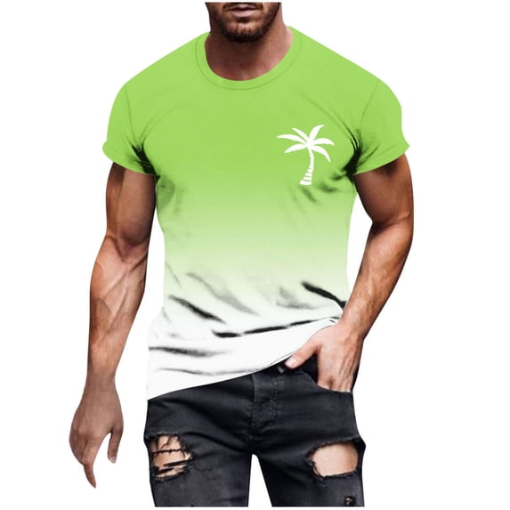 Dagegui Men's Crew Neck Short Sleeve Tshirt Gradient Color Athletic Tees Palm Tree Graphic T-Shirts Big & Tall Summer Beach Vacation Tops Green M
