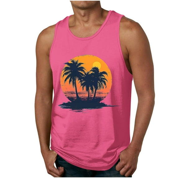 Dagegui Men's Crew Neck Sleeveless Shirts Fashion Palm Tree Graphic Tank Tops Big and Tall Hawaiian Muscle Tee Outdoor Active Vest Hot Pink XL