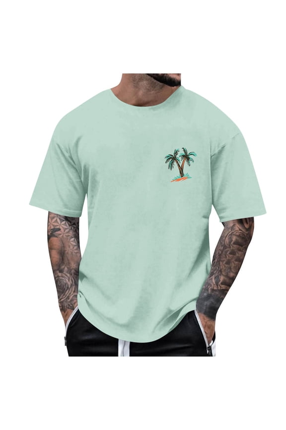 Men's Crewneck T-Shirt Short Sleeve Summer Casual Loose Fit Shirts Trendy Palm Tree Graphic Tee Tops Mint Green M
