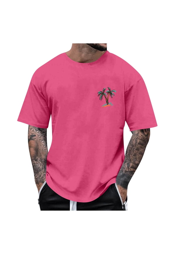Men's Crewneck T-Shirt Short Sleeve Summer Casual Loose Fit Shirts Trendy Palm Tree Graphic Tee Tops Watermelon Red S