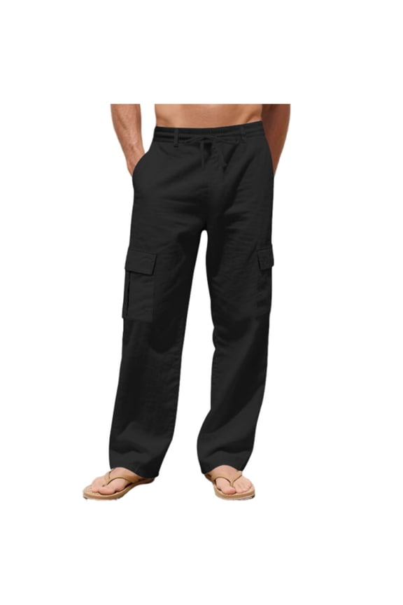 Men's Drawstring Elastic Waist Linen Pants Casual Straight Leg Beach Pant Lightweight Breathable Summer Trousers with Pockets Black S