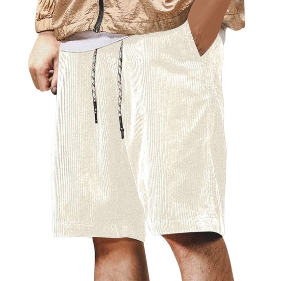 Dagegui Men's Elastic Waist Shorts Corduroy Straight Leg Shorts Drawstring Casual Loose Fit Shorts with Pockets Beige L