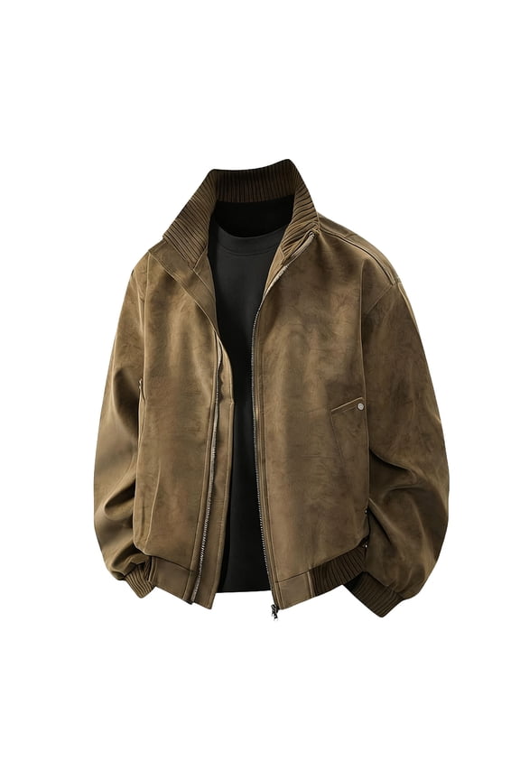 Men's Faux Leather Jacket Stylish Zip-Up Motorcycle Bomber Jackets Causal Fall Winter Pocket Coats Brown S