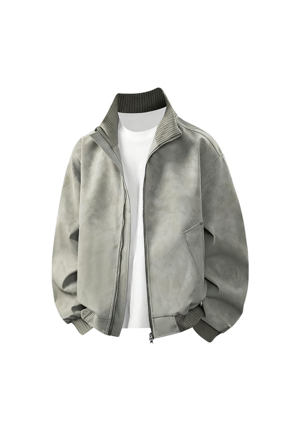 Men's Faux Leather Jacket Stylish Zip-Up Motorcycle Bomber Jackets Causal Fall Winter Pocket Coats Gray XL