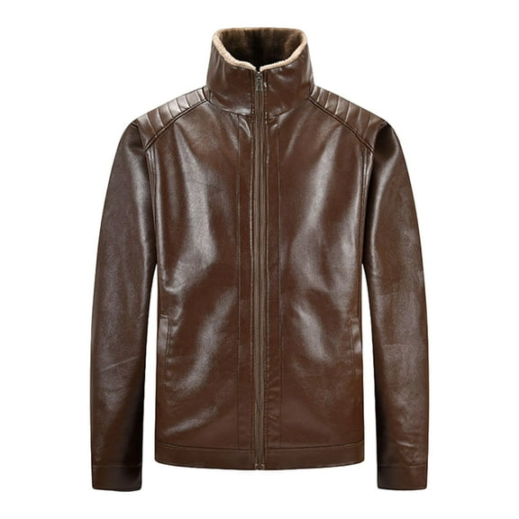 Dagegui Men's Faux Leather Jackets Fleece Lined Stand Collar Coats Full Zip Up Motorcycle Jacket with Pockets Coffee L
