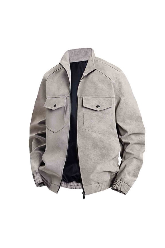 Men's Faux Suede Bomber Jackets Vintage Biker Racing Moto Coats Full Zip Up Stand Collar Streetwear Outwear with Pocket Gray XXL