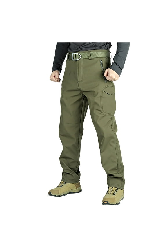 Men's Fleece Hiking Pants Winter Warm Tactical Cargo Pants Multi Pockets Outdoor Casual Track Pant Army Green L