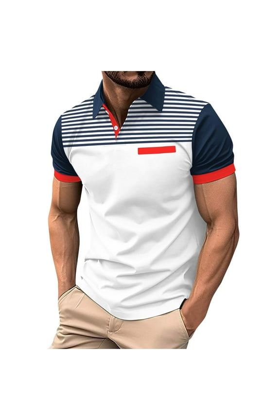 Men's Golf Shirts Striped Colorblocked Short Sleeve Athletic T-Shirts Trendy Button Down Lapel Shirt Breathable Training Tees with Chest Pocket Holiday Exclusive White,XL
