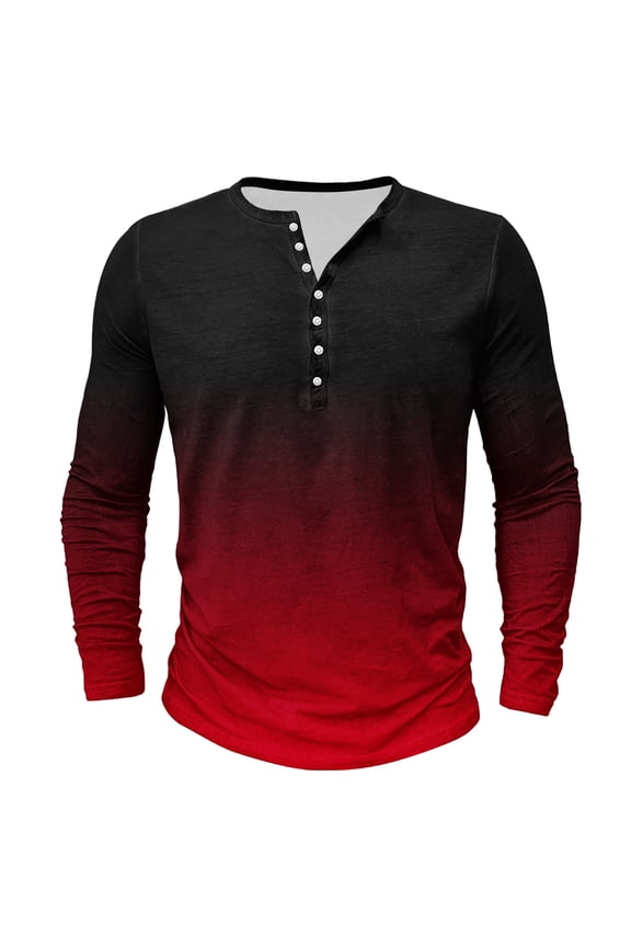 Men's Henley Shirts Long Sleeve Gradient Tie Dye Print Shirt Fall Crewneck Buttons Pullover T-Shirts Big and Tall Slim Fit Sport Tees Tops Red 4XL
