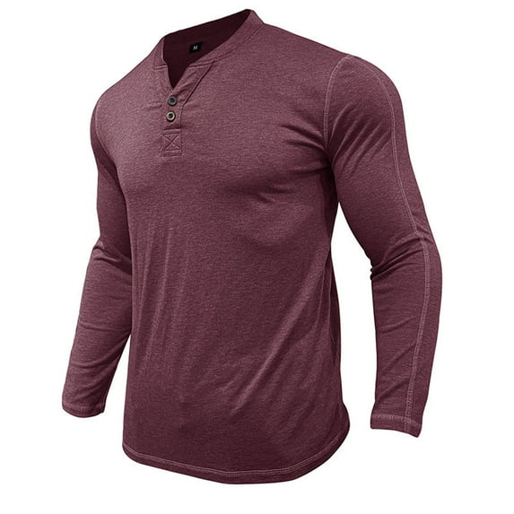 Dagegui Men's Henley Shirts Long Sleeve V Neck Button T-Shirts Plain Slim Fit Basic Pullover Tops Solid Color Casual Daily Shirt Fall Tees Wine 2XL