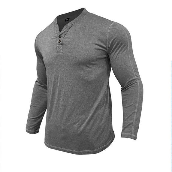 Dagegui Men's Henley Shirts Long Sleeve V Neck Button T-Shirts Plain Slim Fit Basic Pullover Tops Solid Color Casual Daily Shirt Fall Tees Gray XL