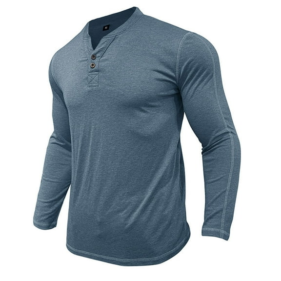 Dagegui Men's Henley Shirts Long Sleeve V Neck Button T-Shirts Plain Slim Fit Basic Pullover Tops Solid Color Casual Daily Shirt Fall Tees Light Blue L
