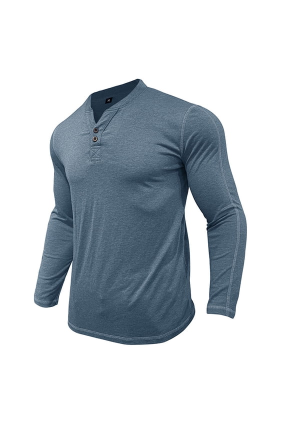 Men's Henley Shirts Long Sleeve V Neck Button T-Shirts Plain Slim Fit Basic Pullover Tops Solid Color Casual Daily Shirt Fall Tees Light Blue L