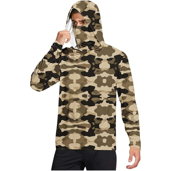 Dagegui Men's Hooded Sun Shirts Quick Dry UV Protection Fishing Hoodies UPF 50+ Long Sleeve Rash Guard Hiking T-Shirts with Face Mask Brown M