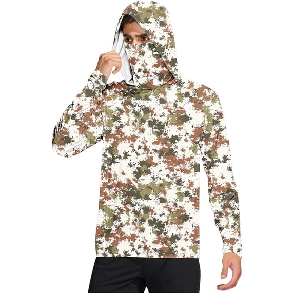 Dagegui Men's Hooded Sun Shirts Quick Dry UV Protection Fishing Hoodies UPF 50+ Long Sleeve Rash Guard Hiking T-Shirts with Face Mask Khaki XXL