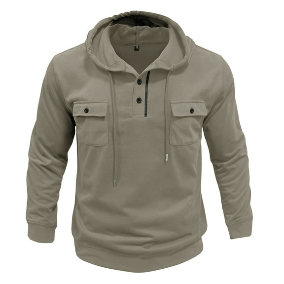 Dagegui Men's Hooded Sweatshirts Drawstring Long Sleeve Hoodies Lightweight Button Pullover Shirts with Chest Pockets Beige XL