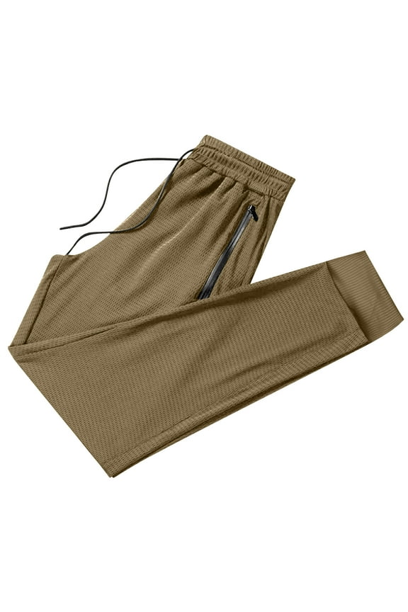 Men's Jogger Sweatpants Ice Silk Cooling Breathable Athletic Pants Lightweight Summer Running Athletic Pant with Zip Pockets Khaki,M