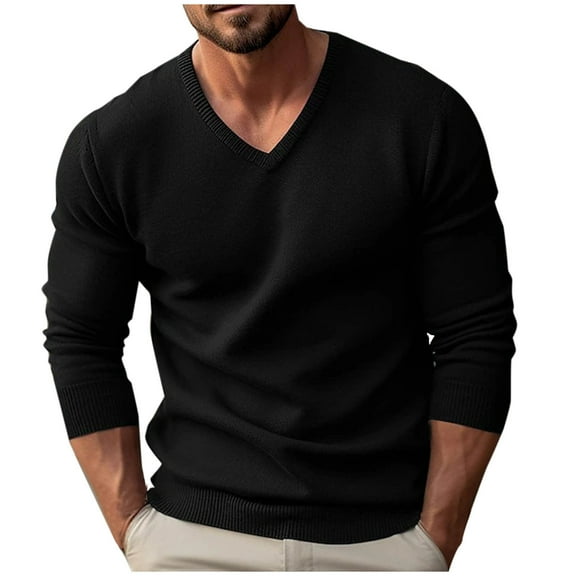 Dagegui Men's Knit Sweater Comfy V-Neck Long Sleeve Pullover Fall Sweater Casual Everyday Tops Black XXXL