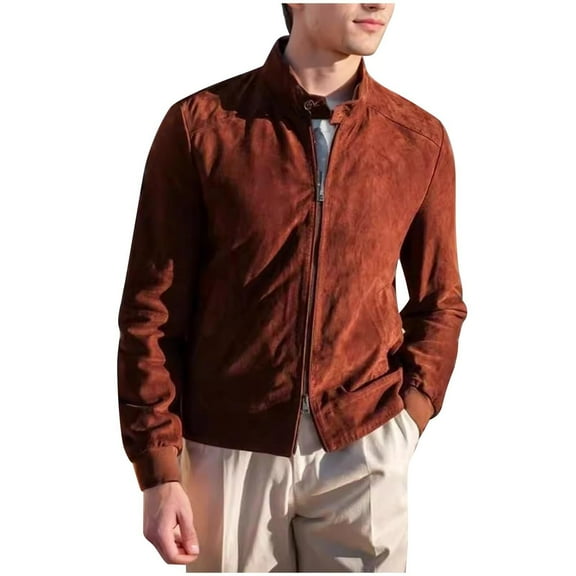 Dagegui Men's Leather Baseball Bomber Jackets Vintage Suede Zip Up Jacket for Men Solid Color Fall Casual Outerwear Brown L