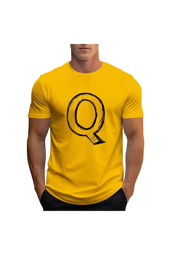 Men's Letter Q T-Shirts Summer Varsity Jersey Tops Crewneck Short Sleeve Shirts Lightweight Running Athletic Tees Yellow L