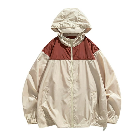 Dagegui Men's Lightweight Jackets Trendy Color Block UV Hooded Coats Casual Loose Fit Thin Jacket with Pocket Outdoor Cycling Coat Khaki M